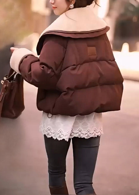 Brown Peter Pan Collar Patchwork Fine Cotton Filled Jackets Winter