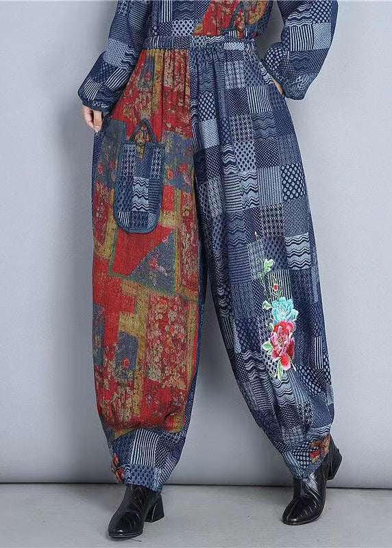 Blue Embroidered Pockets Patchwork Cotton Pants Spring
