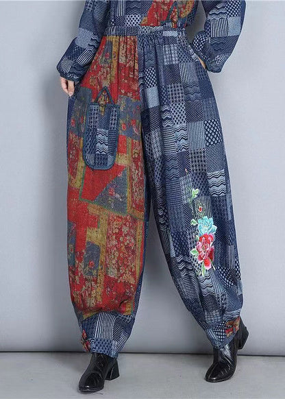Blue Embroidered Pockets Patchwork Cotton Pants Spring