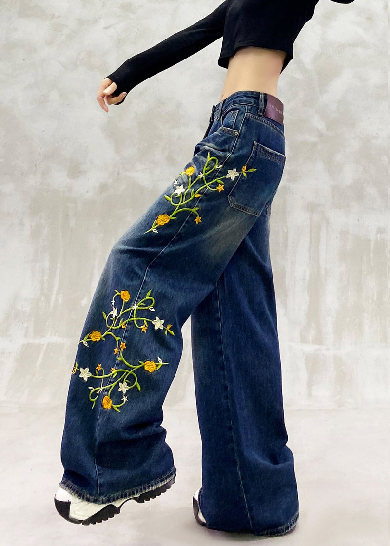 Blue Embroidered Pockets Patchwork Denim Pants Fall