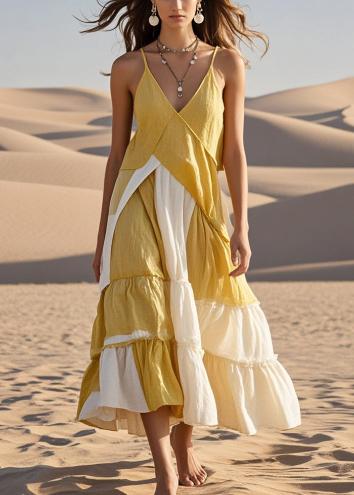 Yellow Asymmetrical Patchwork Cotton Spaghetti Strap Dress Summer