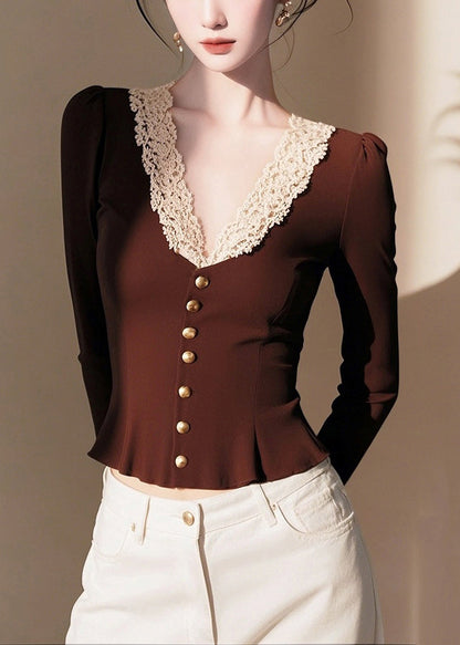 Coffee V Neck Lace Patchwork Cotton Knit Sweater Spring