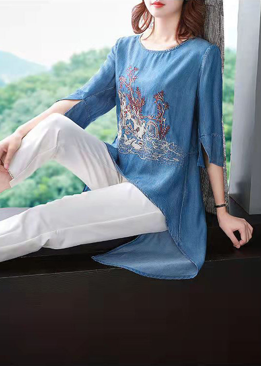 Modern Blue O-neck Side Open Low High Design Embroideried Top Half Sleeve