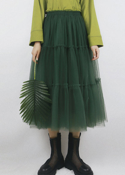 Green Ruffled Elastic Waist Tulle Skirt Summer