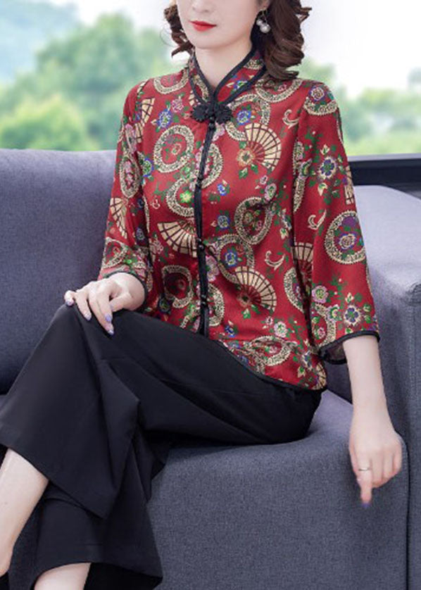 Red Button Stand Collar Print Silk Two Piece Set Clothing Summer