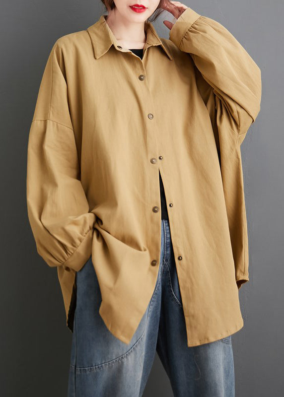 Khaki Peter Pan Collar Wrinkled Patchwork Cotton Blouses Fall