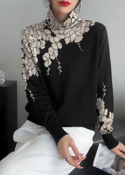 Grey Turtle Neck Print Knit Pullover Spring
