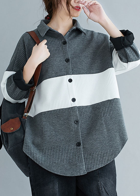 Grey Peter Pan Collar Button Patchwork Fall Shirt Top Long Sleeve