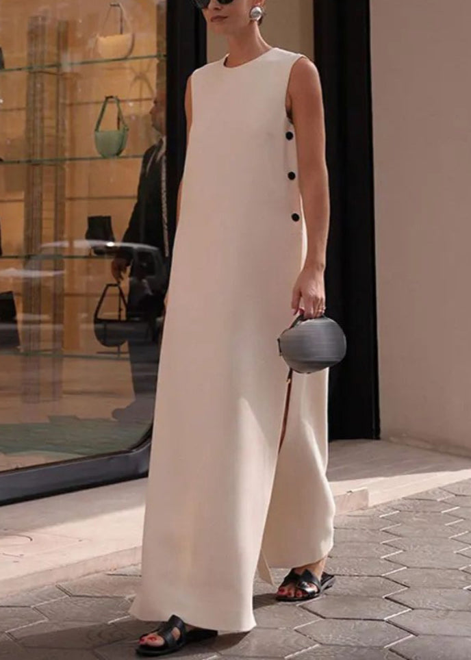 Loose White Side Open Cotton Long Dresses Sleeveless