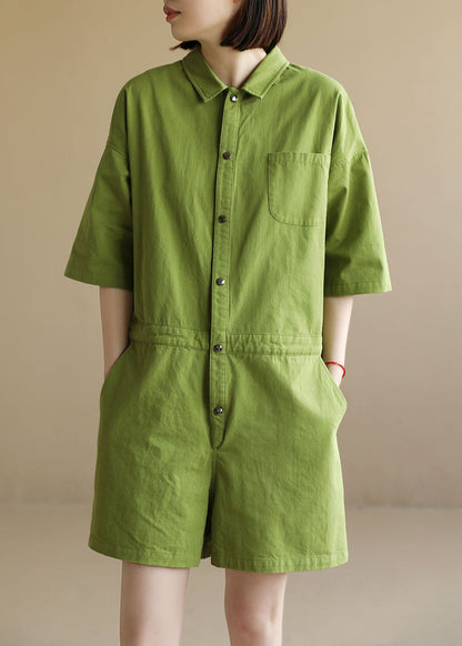 French Green Button Peter Pan Collar Pocket Cotton Jumpsuit Half Sleeve