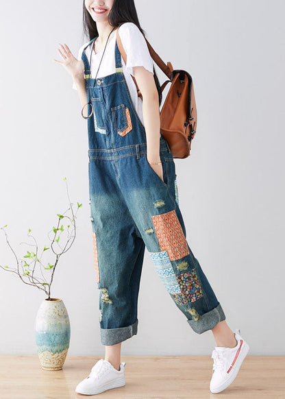 Art Blue Pockets Patchwork Ripped Denim Jumpsuit Spring