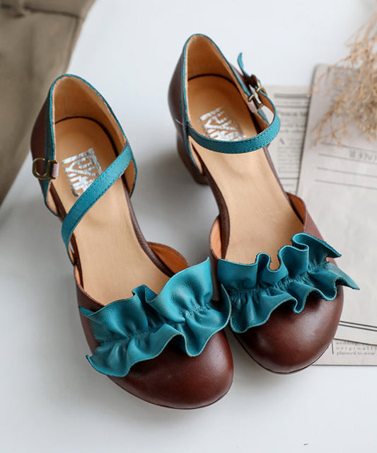 Buckle Strap Chunky High Heels Grey Ruffles Cowhide Leather Chunky Heel