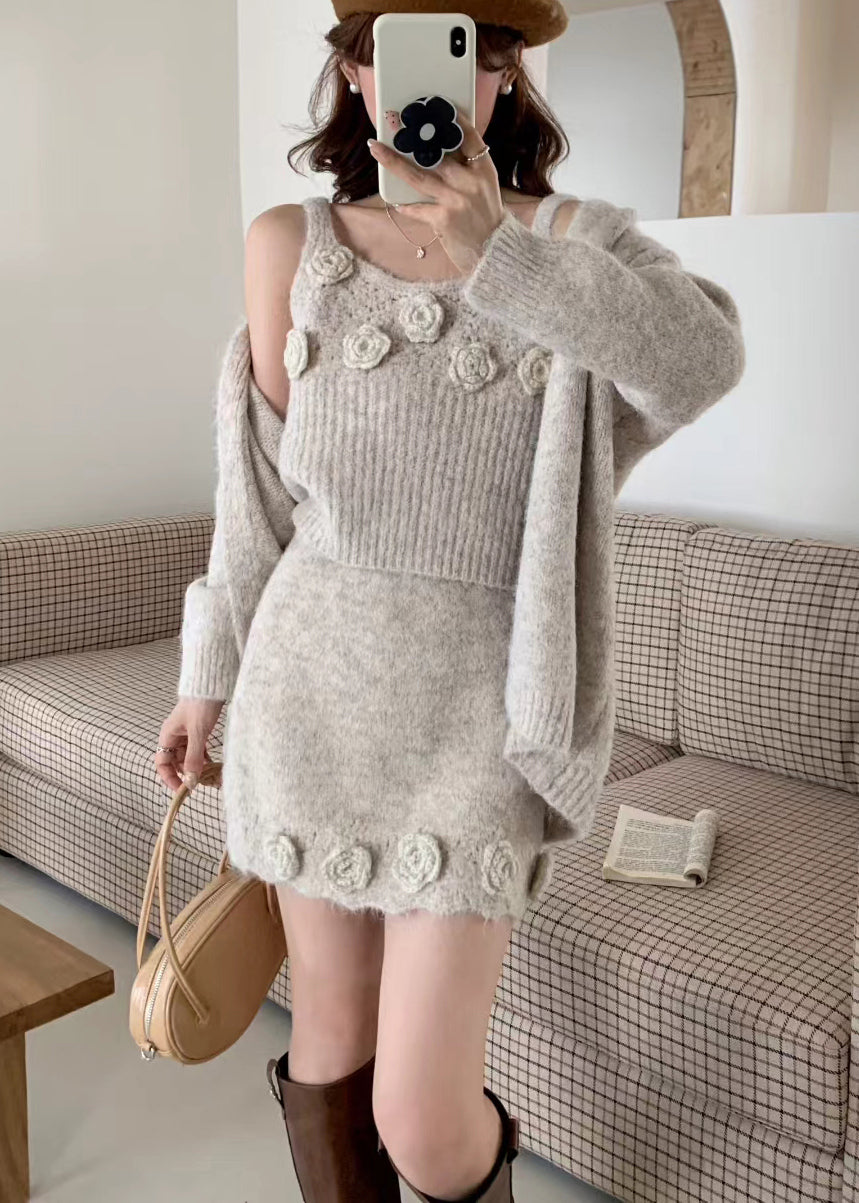 Classy Brown Decorated Knit Three Piece Set Clothing Fall