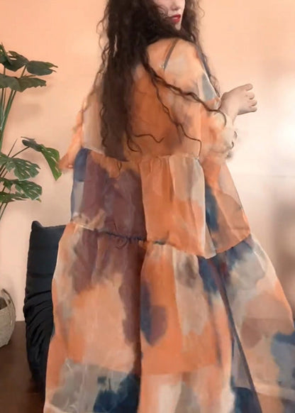 Orange Original Design Patchwork Tulle Half Sleeve Two Pieces Set Print