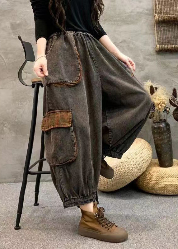 Black Pockets Elastic Waist Patchwork Denim Harem Pants Spring
