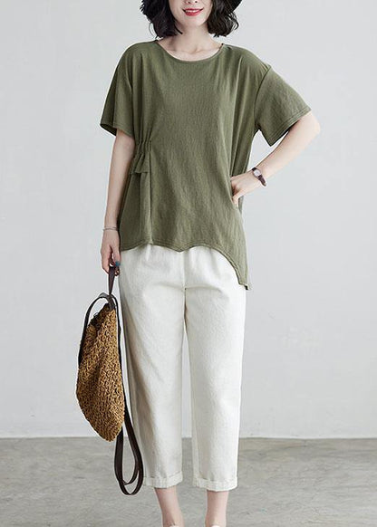 Army Green O-neck Half Sleeve Cotton Tee Summer