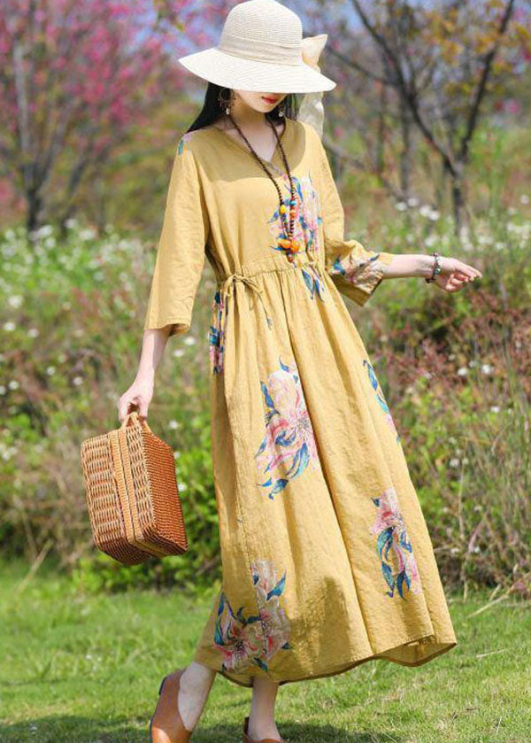 Red V Neck Print Cinched Patchwork Linen Dress Summer