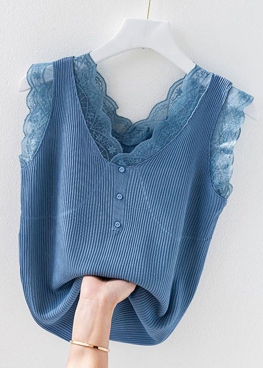 Green V Neck Lace Knit Tank Sleeveless