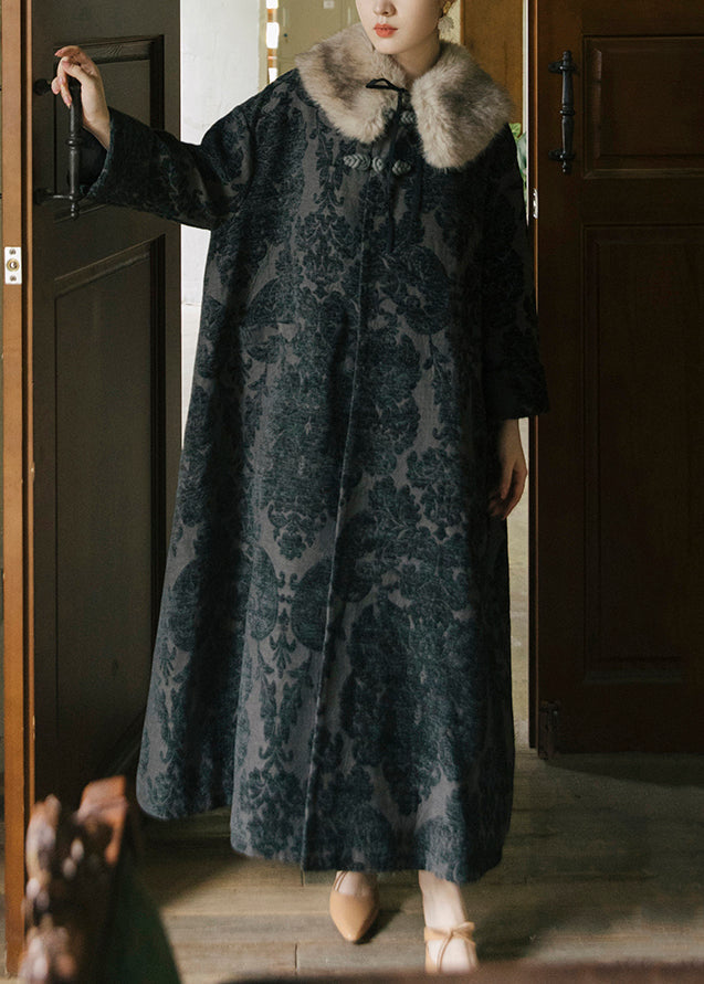 Jacquard Black Fox Collar Button Thick Silk Velour Long Trench Coats Long Sleeve Fall
