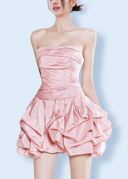 Pink Wrinkled Cold Shoulder Silk Mid Dress Sleeveless