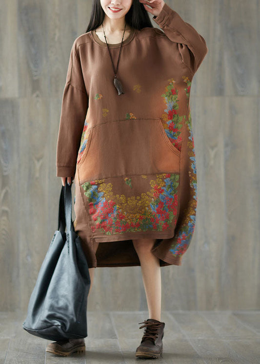 Chocolate Print Sweatshirt Dresses Pockets Spring