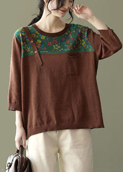 Loose Chocolate O-neck Button Patchwork Print Knit Tops Long Sleeve
