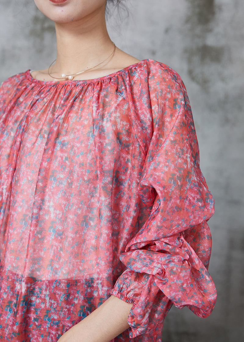 Boutique Red Print Linen Silk Upf 50+ Long Tops Spring