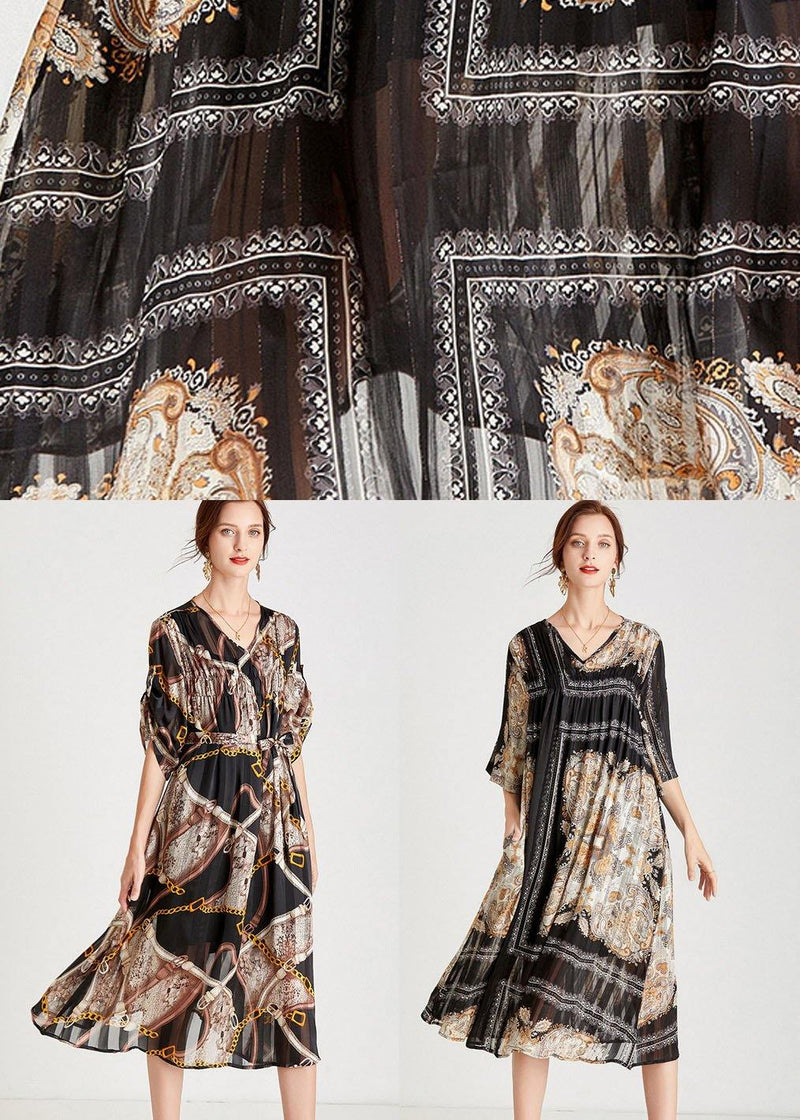 Modern Chains Black Tie Waist a Line Fall Chiffon Half Sleeve Vacation Dress