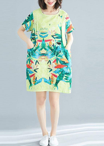 Yellow Retro Print Summer Robe Dresses Short Sleeve