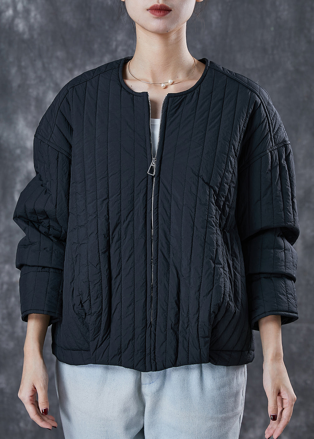 Unique Black O-neck Zip Up Fine Cotton Filled Coat Spring