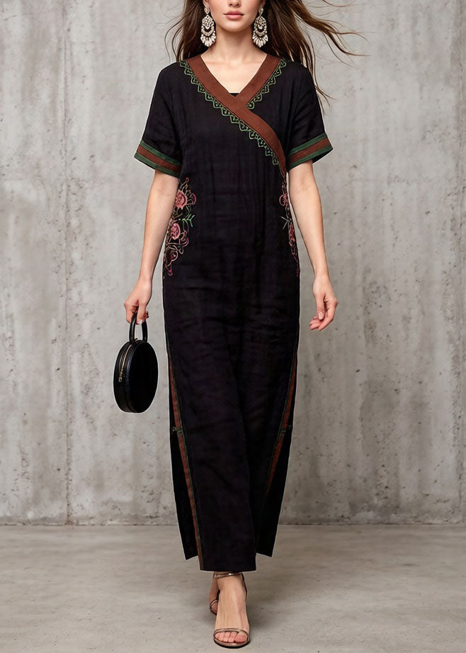 Black V Neck Embroidered Cotton Dress Summer