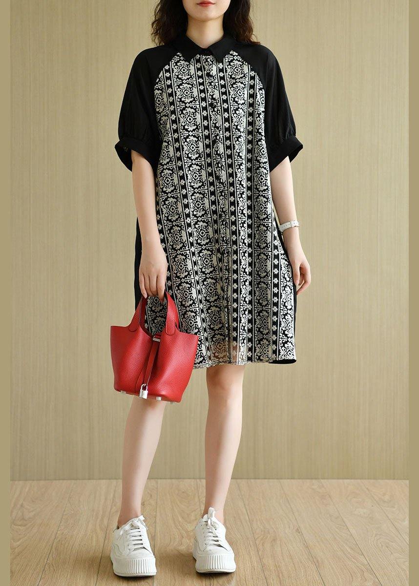Black Peter Pan Collar Button Patchwork Summer Cotton Dresses Half Sleeve