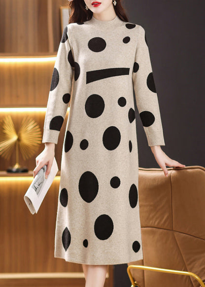 Beige Print Patchwork Woolen Long Dresses Stand Collar Fall