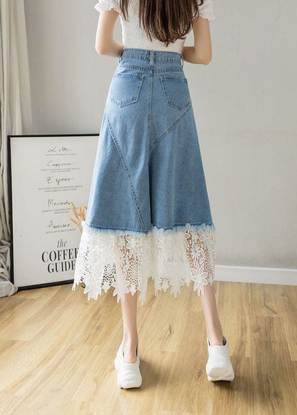 Light Blue Asymmetrical Design Lace Patchwork Denim Skirt Spring