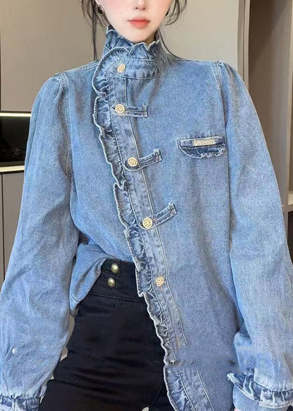 Blue Ruffled Button Patchwork Cotton Shirt Top Fall