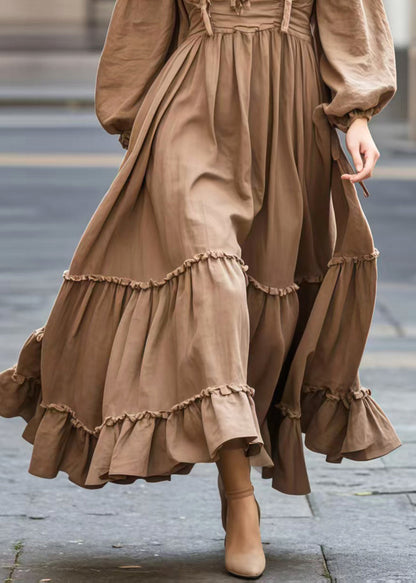 Coffee Cold Shoulder Exra Large Hem Maxi Dresses Spring