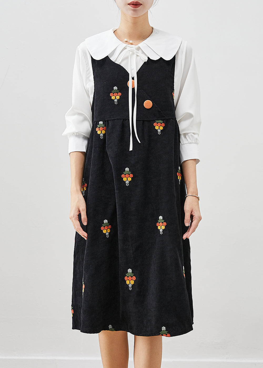 Black Embroideried Corduroy Two Pieces Set Fall