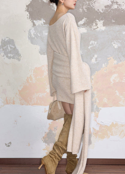 Beige Cozy Tie Waist Knit Sweater Dress Fall