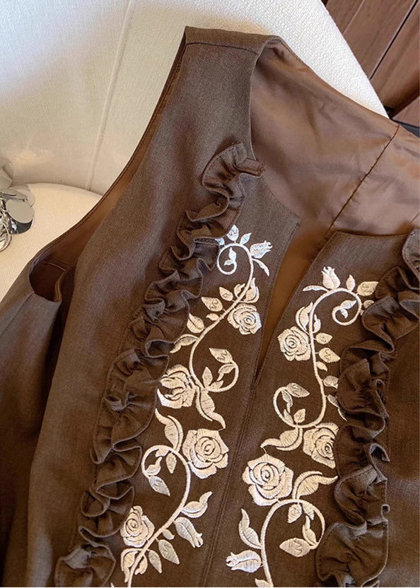 Chocolate Embroideried Ruffled Linen Vests Summer