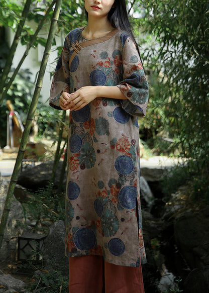 Khaki Print Pockets Patchwork Cotton Dress Half Sleeve