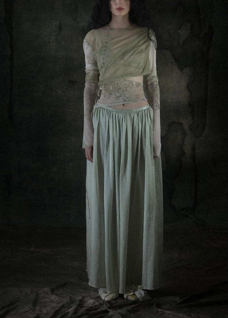 Slim Fit Cyan Tulle Embroidered Patchwork Tulle Top and Maxi Skirts Two Pieces Set Long Sleeve