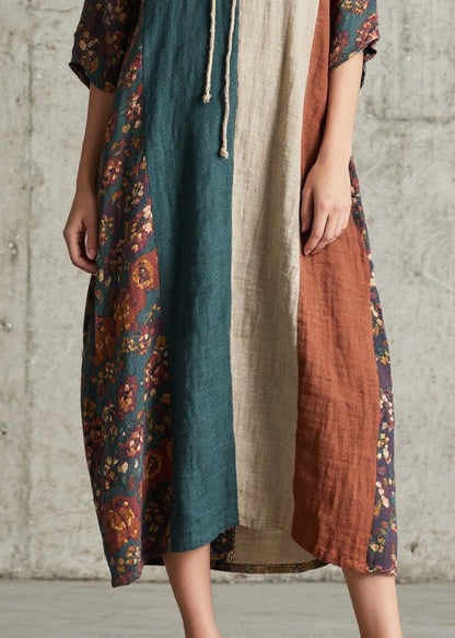 Colorblock V Neck Patchwork Cotton Long Dress Summer