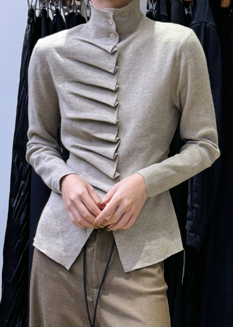 Slim Fit Oatmeal Wrinkled Button Knit Sweater Spring