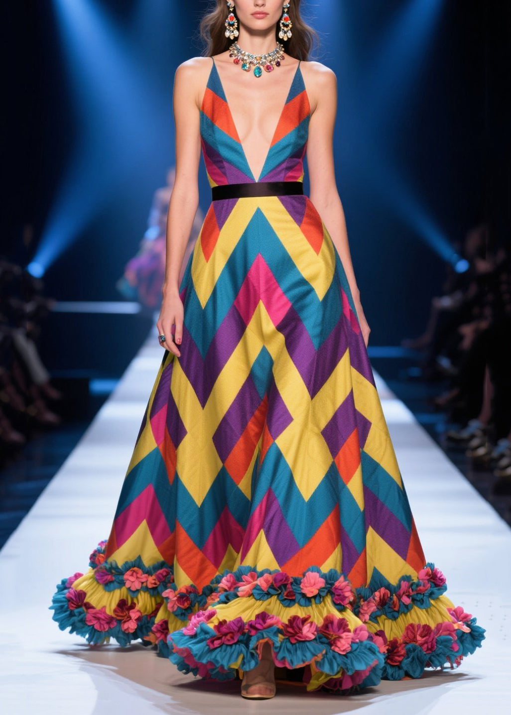 Colorblock Print Flower Decorated Silk Maxi Dress Summer