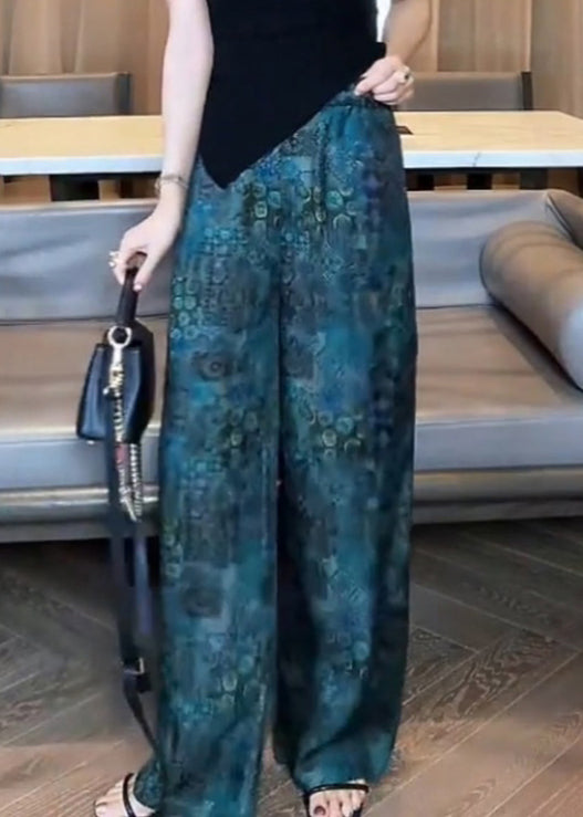 Blue Print Elastic Waist Cotton Pants Fall