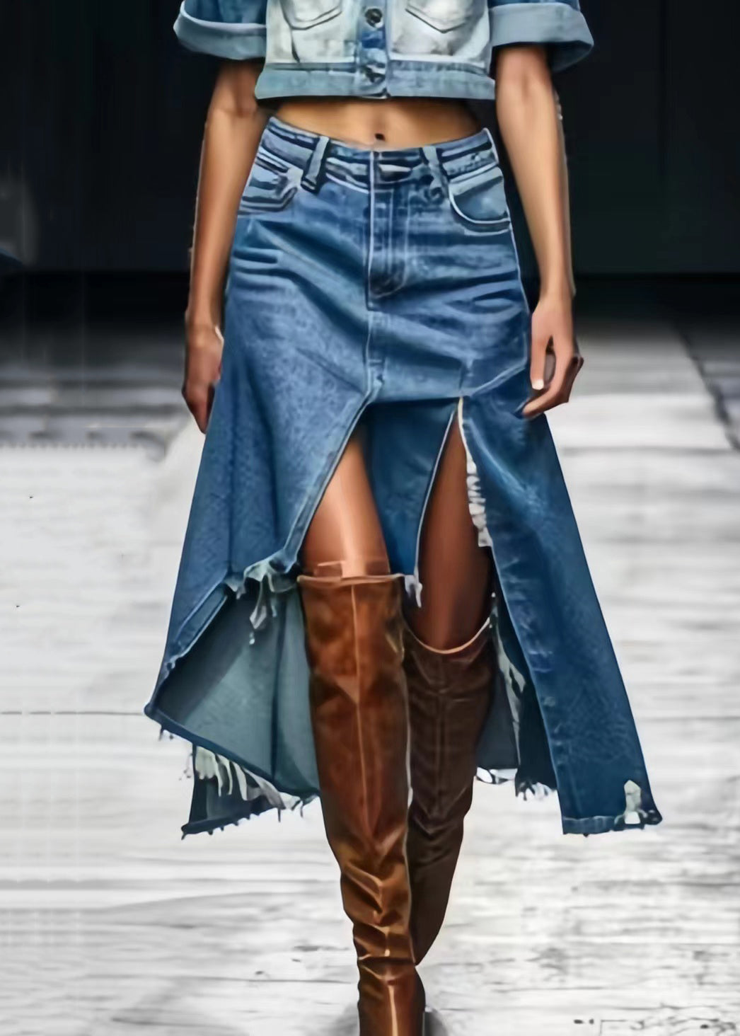 Blue Asymmetrical Side Open Denim Skirts Summer