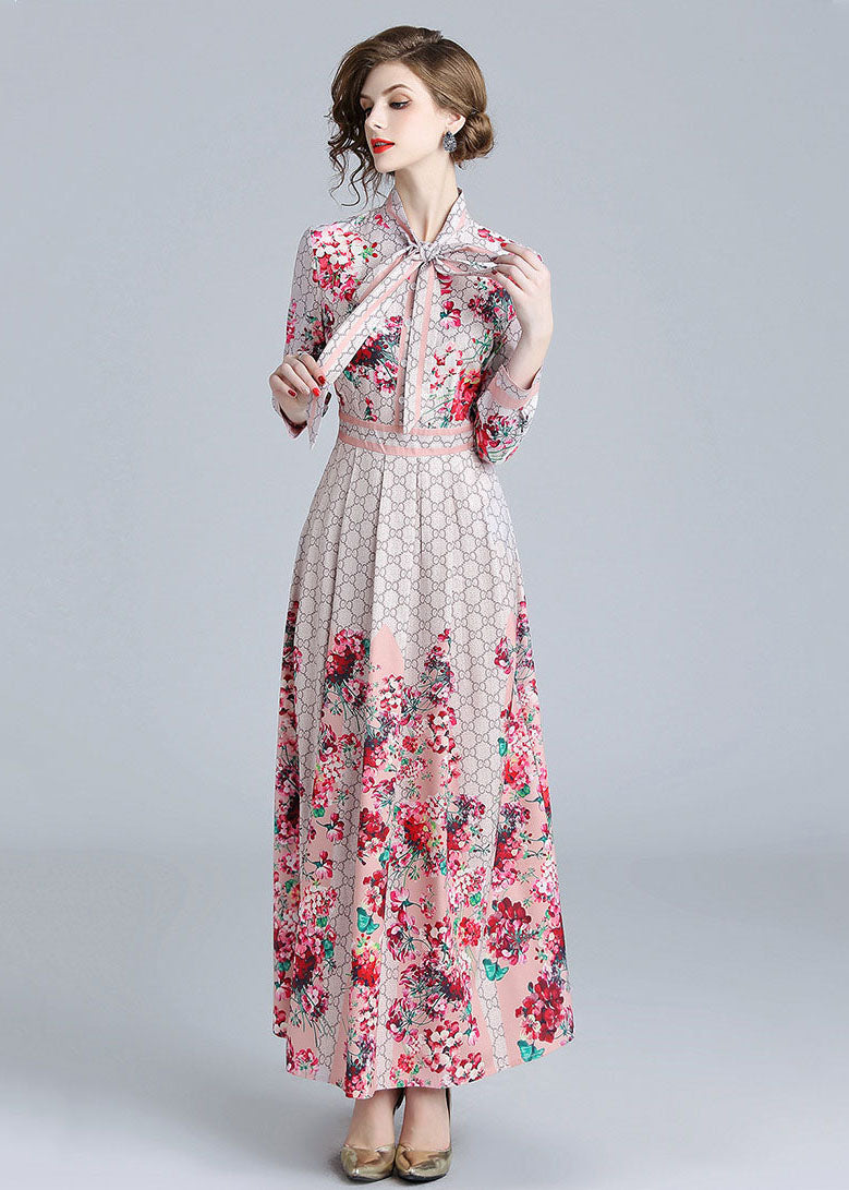 Modern Red Stand Collar Bow Print Chiffon Holiday Dress Fall