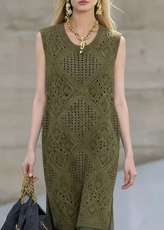 Art Blackish Green Hollow Out Knit Dress and Lace Skirts Two Pieces Set Summer