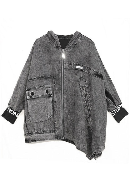 Italian Black Hooded Asymmetrical Design Denim Coat Spring