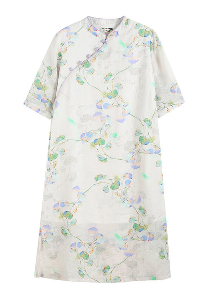Diy Beige Stand Collar Print Button Linen Cheongsam Dress Half Sleeve